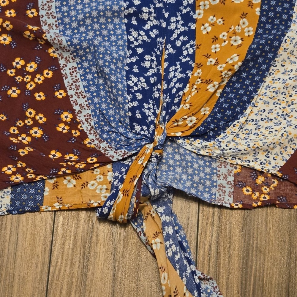 Polly & Esther Blue and Mustard Mixed Floral Tie-Front Blouse - Picture 7 of 10